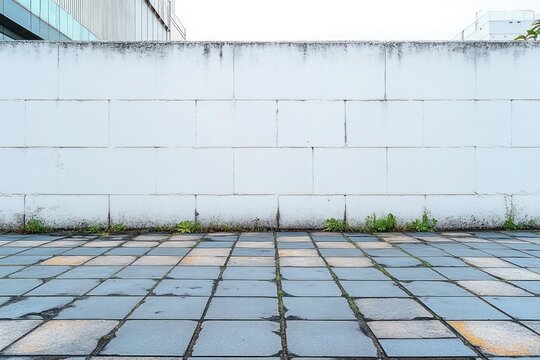 Empty urban courtyard with worn blue-gray tiled pavement, weeds sprouting between cracks, stained white cinderblock wall and distant rooftops, quiet melancholic mood