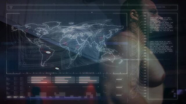 Hand crossing clear glass starting reflection of shirtless male turning, HUD monitoring fitness map