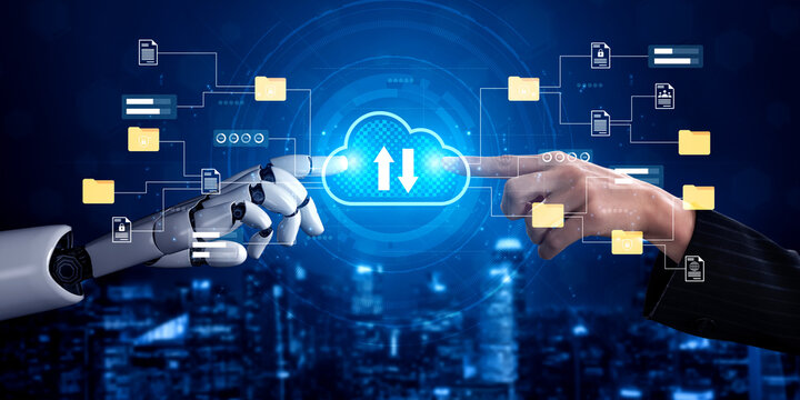 A powerful visual representation of collaboration between human and robot hands, illustrating digital cloud transfer and the integration of technology in daily life. Gantry