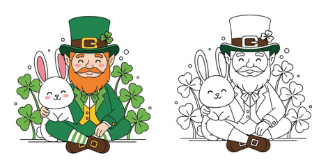 Fototapeta premium St Patricks Day vector illustration of a cute leprechaun hugging a white bunny rabbit with shamrocks, including a black and white coloring book outline version.