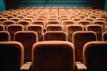 Fototapeta premium rows of empty orange-brown theater seats in warm light with symmetrical perspective conveying quiet anticipation