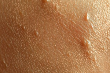 Fototapeta premium Macro close-up of tanned human skin showing fine texture, pores and small raised bumps, evoking goosebumps and a cool, tense sensation