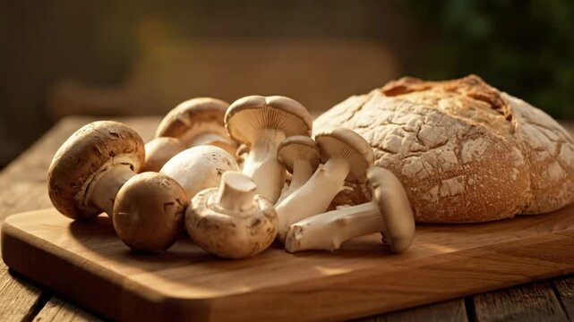 Still life of various mushrooms and fresh rustic bread loaf on a wooden cutting board, natural light