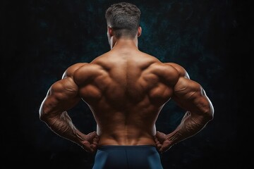 Fototapeta premium Muscular man seen from behind, flexing a broad back and arms against a dark studio backdrop, conveying strength and intensity.