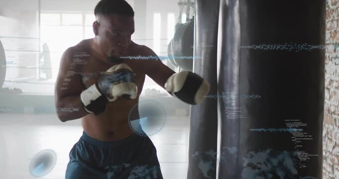 Male boxer shifting weight throwing jabs and hooks against heavy bag as HUD overlays tracking form