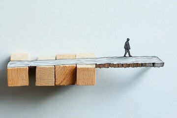 Obraz premium solitary figure walking on a fragile plank supported by wooden blocks over empty white space, contemplative and precarious mood