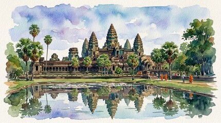 Obraz premium Vibrant watercolor painting of a grand ancient temple complex, its majestic towers reflected in tranquil waters, embodying profound spiritual and architectural heritage