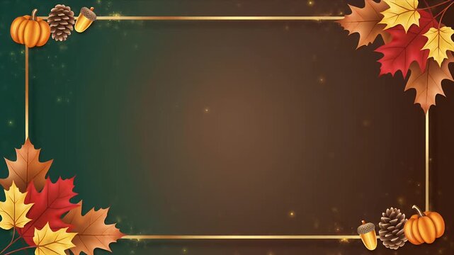 Autumn Leaves and Pinecones Arranged Around Empty Dark Green Frame on Textured Background