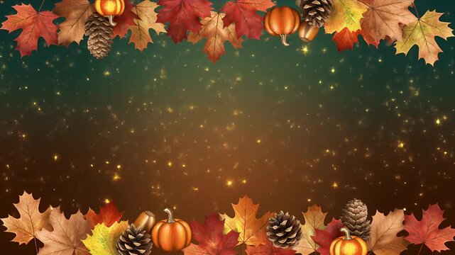 Autumn Harvest Decorations with Pumpkins and Pinecones on Dark Background
