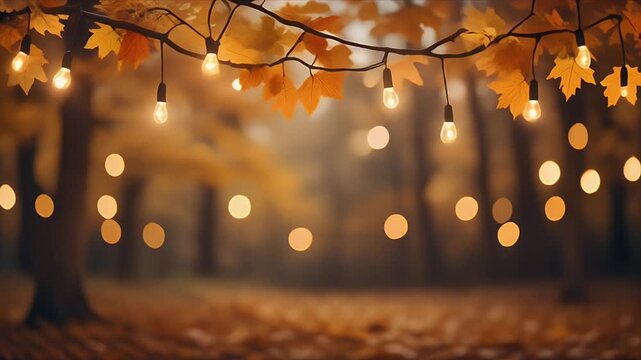 String of glowing warm bulbs with autumn leaves hanging in soft evening light outdoor setting