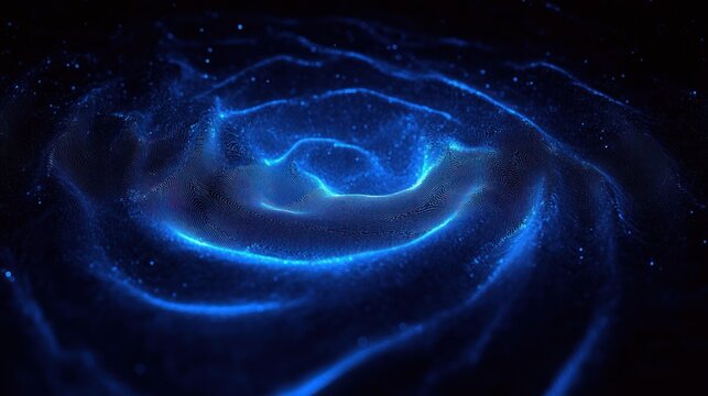 Mesmerizing glowing blue vortex of rippling particles and undulating waves over a dark void, evoking a mysterious, tranquil otherworldly depth
