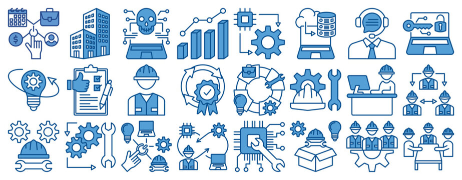 Engineering and Technology Icon Set. Icons Including AI, cloud computing, data engineering, system integration, security, customer support, quality, workflow, maintenance, teamwork