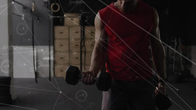 Mid adult man initiating right dumbbell curl, repeating controlled reps for strength with HUD
