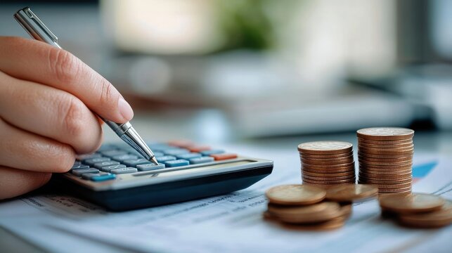 Close up of hand pressing calculator keys with a pen beside stacks of coins and financial documents for budgeting and planning