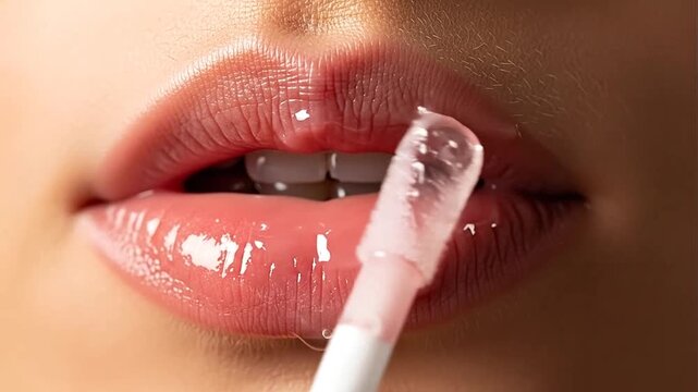Woman applying pink lip gloss close-up.