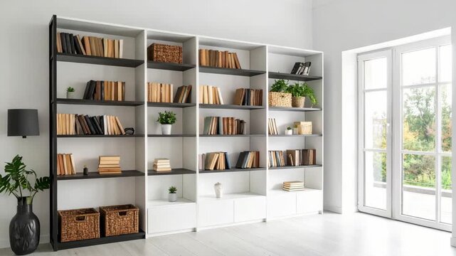 Modern minimalist living room interior featuring a large white bookcase with vintage books and plants near a glass door