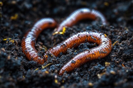 three glossy reddish-brown earthworms wriggling in dark moist soil with organic debris, lively natural close-up