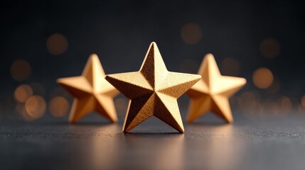 Three golden stars on a dark surface with bokeh background