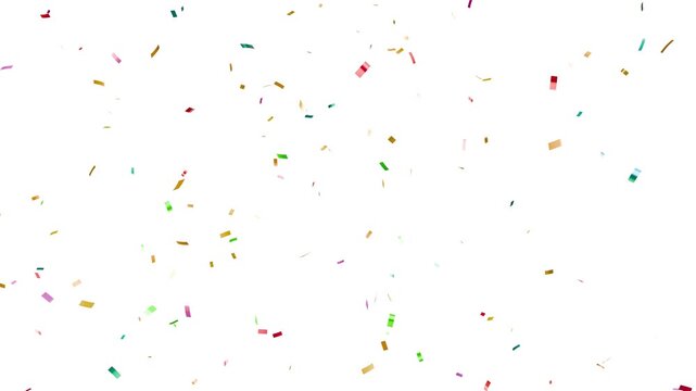Colourful 3D Confetti Falling Down Slowly on white Background. Festive Celebration with Multicoloured Confetti Rain in 3D Space. Slow Motion 3D Confetti Falling Down Over Isolated Background.