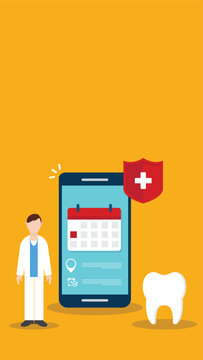 Dental appointment mobile app concept with dentist tooth and healthcare calendar reminder on smartphone screen &ndash; online clinic booking medical schedule flat vector illustration