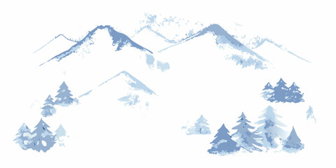Stylized blue watercolor painting of mountains and evergreen trees © Polash