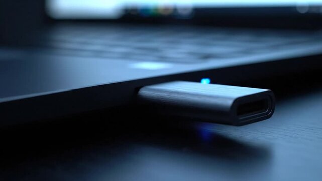 Connecting a USB Flash Drive to a Laptop: Close-up Shot of Digital Data Transfer and Storage