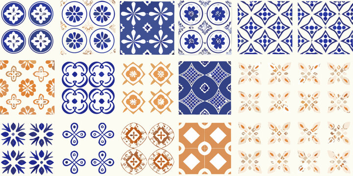 Collection of vintage ceramic tile patterns in blue and orange hues