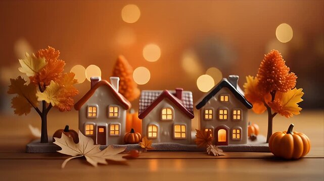 Cozy autumn village miniature with glowing houses and seasonal decorations in warm light