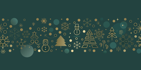 Festive golden winter holiday pattern with snowmen trees and snowflakes