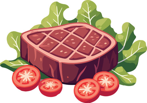 bistecca al sangue con insalata pomodori e cipolla al piatto vettoriale	