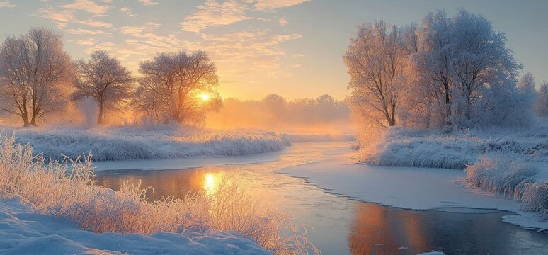 frost-covered river bend at sunrise with golden light, mist and snow-laden trees conveying a peaceful serene winter morning