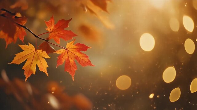 Autumn Maple Leaf Close Up with Golden Sunlight and Bokeh Background