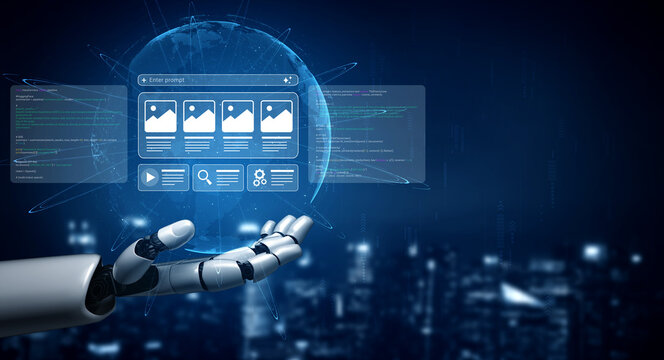 A robotic hand showcases a dynamic digital interface featuring floating screens and data visualizations against a vibrant city nighttime backdrop. Perfect for tech projects. Ledger