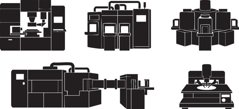Semiconductor Manufacturing Machines Icon Set - Wafer Fabrication Equipment Vector Silhouettes