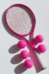 Pink tennis racket and several bright pink tennis balls nearby.