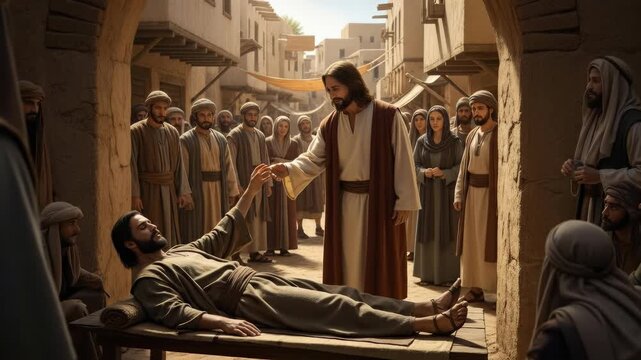Jesus Christ, in a historical biblical scene, demonstrates divine healing, touching a paralyzed man, symbolizing faith, compassion, and theological significance in religious narratives