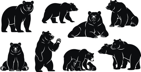 Black bear silhouette vector set with grizzly bears in various poses, walking, sitting, standing, and mother bear with cubs, isolated. © Foredul