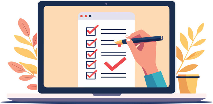 Finestra del browser dell'elenco di controllo. Segno di spunta. Segno di spunta bianco sullo schermo del laptop. Scelta, concetti di indagine. Elementi per banner web, siti web, vettoriale