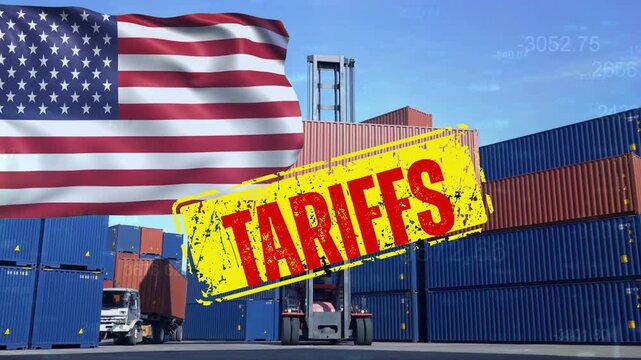The American flag, a container shipping terminal, illustrates US trade policy and the impact of tariffs on global logistics.