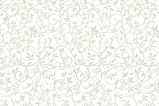 Elegant floral damask pattern, light gray botanical swirl background, seamless vine and leaf wallpaper texture, subtle decorative vector illustration