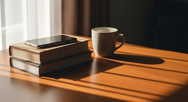 A cozy study corner featuring a book, notebook, and a warm beverage on a wooden table.