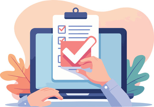 Finestra del browser dell'elenco di controllo. Segno di spunta. Segno di spunta bianco sullo schermo del laptop. Scelta, concetti di indagine. Elementi per banner web, siti web, vettoriale