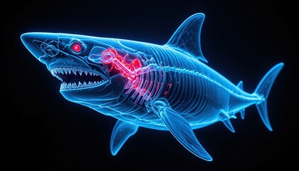Naklejka premium Glowing blue x-ray shark with neon red gills swimming in dark futuristic water