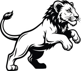 Obraz premium Powerful lion vector illustration, black and white pouncing lion mascot, jumping wild cat, majestic jungle predator, isolated king of animals.