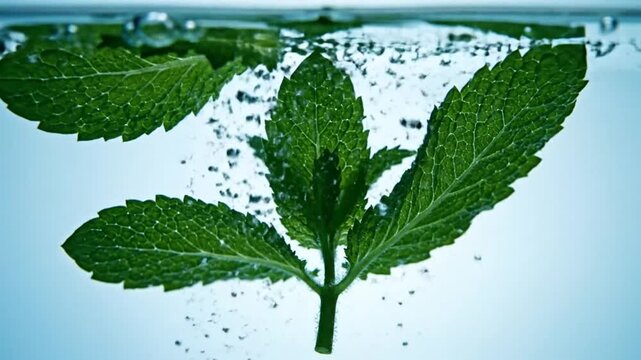 Fresh mint leaves slowly submerged in clear water with bubbling effect and a light blue background