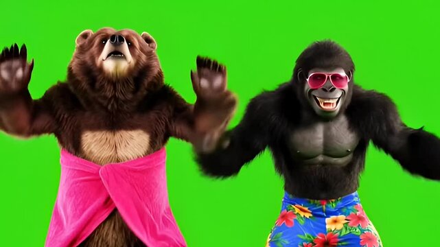 BEAR AND GORILLA DANCING ON GREEN SCREEN