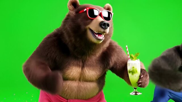 bear and gorilla dancing for summer season on green screen 