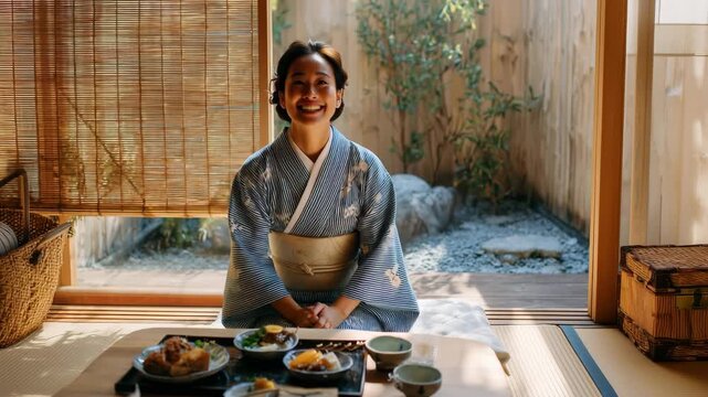 女性が和室で一人の朝食を前に手を合わせる朝、庭の静けさとともに