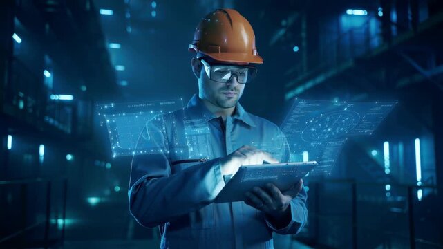 Industrial engineer wearing hard hat using tablet with augmented reality holograms in high-tech factory, concept for smart manufacturing, industrial automation and futuristic workforce