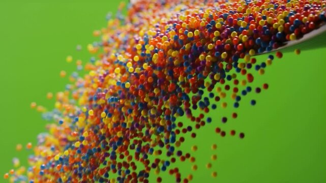 Slow motion of sugar sprinkles scattering from an invisible hand on a green chroma key background isolated particle effect loop